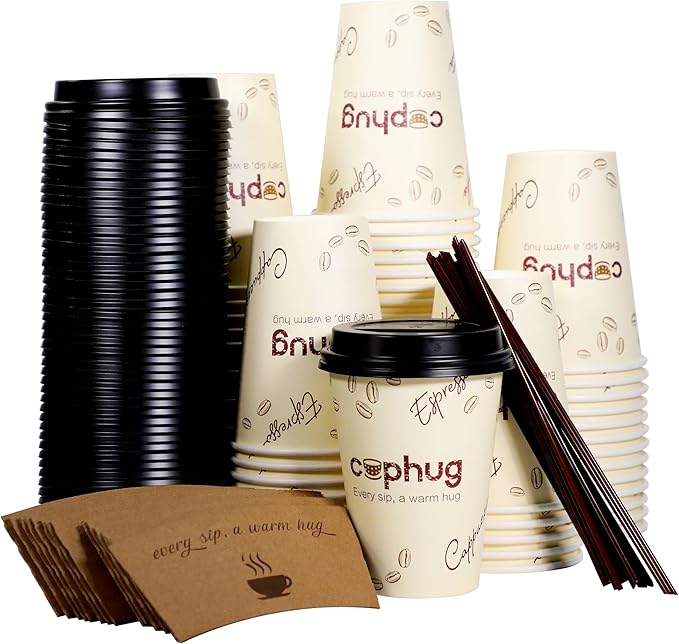 Paper Cups 12 oz Yellow with Lids and Sleeves, 100 Count