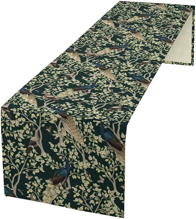 Peacock Table Runner,Retro Floral Plants Peacock Table Runner for Home Kitchen Dining Party Indoor Outdoor Decoration 13x120 Inch