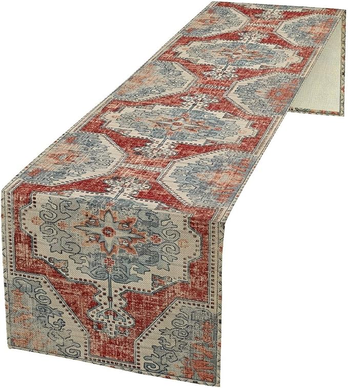 Boho Floral Vintage Table Runner, Retro Blue Red Flower Rustic Country Farmhouse Abstract Pattern for Home Kitchen Table Decor Dining Coffee Room Party Decor 13x72in