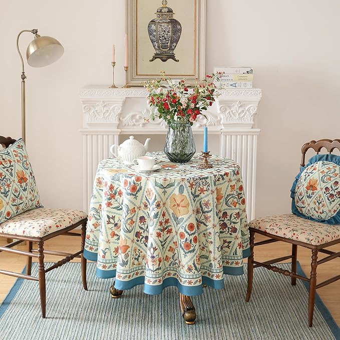 ISAENNE Designer Linen Elegant Round Tablecloth,Colorful Floral Bohemian Table Cloth,Wrinkle Resistant Decor Tablecloths for Dining Thanksgiving Kitchen Christmas,Diameter 67"-Floralsea A