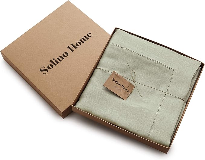 Solino Home Linen Sage Green Tablecloth 60 x 132 Inch - Classic Hemstitch, 100% Pure Linen Rectangular Tablecloth - Machine Washable Table Cloth for Fall, Autumn, Thanksgiving, Christmas