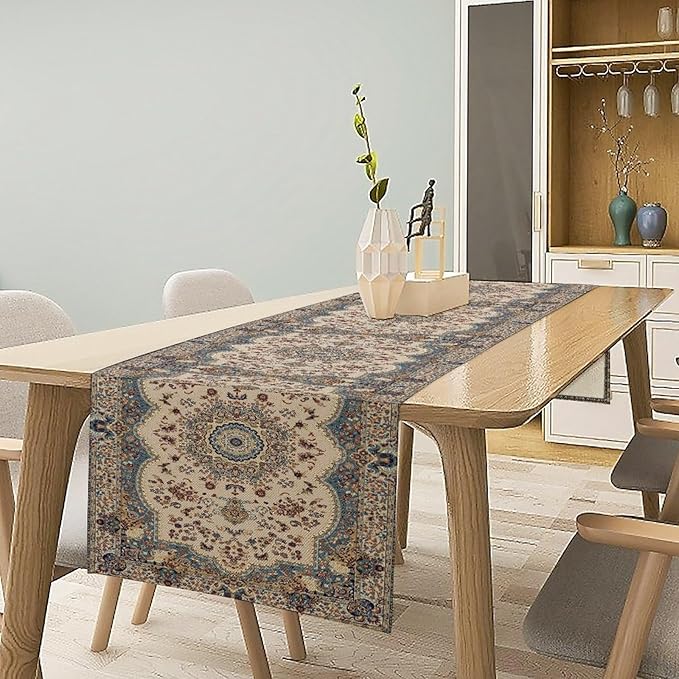 Boho Bohemia Style Table Runner, Vintage Blue Teal Gold Retro Flower Rustic Country Style Floral Print Pattern for Home Kitchen Table Decor Dining Coffee Room Garden Party Decor 13x60in