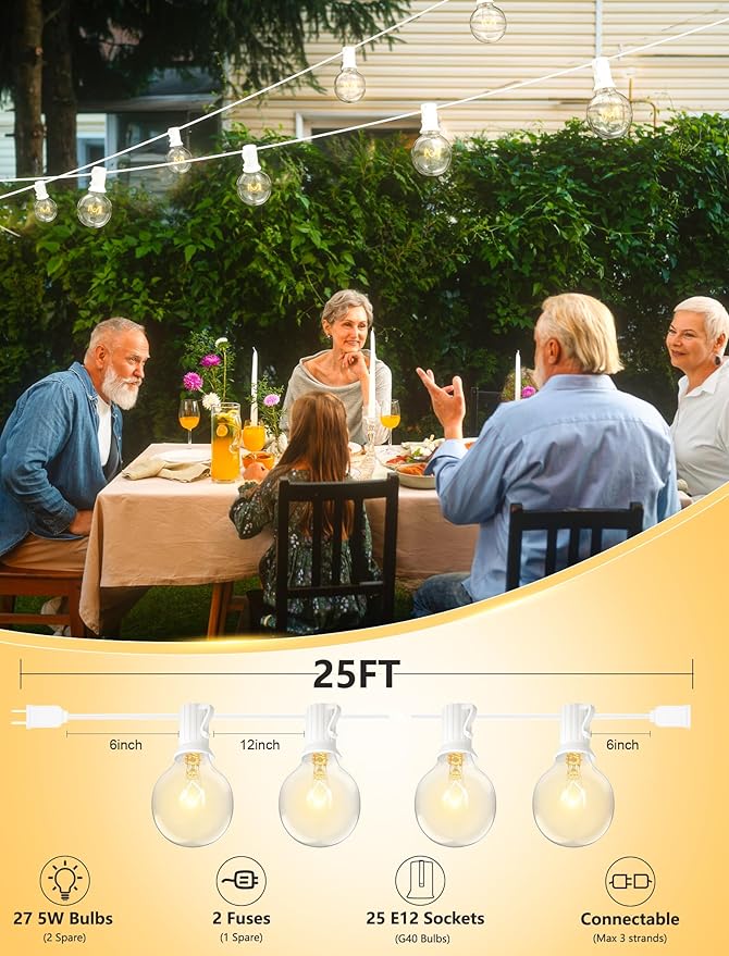String Lights 25 FT G40 Globe Bulbs with White Cord
