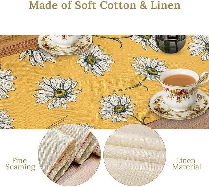 Daisy Floral Table Runner, Farmhouse Spring Seasonal Summer Teal Green White Flower Rustic Abstract Table Center Decor for Home Kitchen Dining Holiday Party Indoor Table Decorations, 13"x36" Inch
