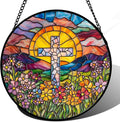 Stained Glass Window Hanging - Cross Flower Sea Sun Catcher for Door Terrace Garden Home Decor, Mountains Landscape Suncatcher Birthday Gifts for Lovers Women Men Dad Mom Nana 11.8 in