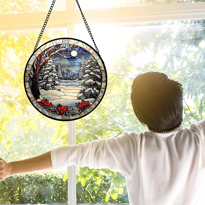 Stained Glass Window Hanging Christmas Tree Winter Snow Night Scenery 9.8" - Suncatcher Door Garden Kitchen Sun Catcher Home Decor Birthday for Mom Men Woman Friend