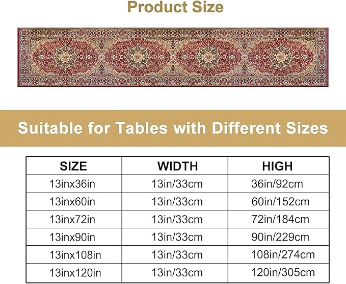Vintage Boho Floral Table Runner, Rustic Country Farmhouse Red Gold Bohemia Flower Pattern for Home Kitchen Table Decor Dining Coffee Room Party Decor 13x120in