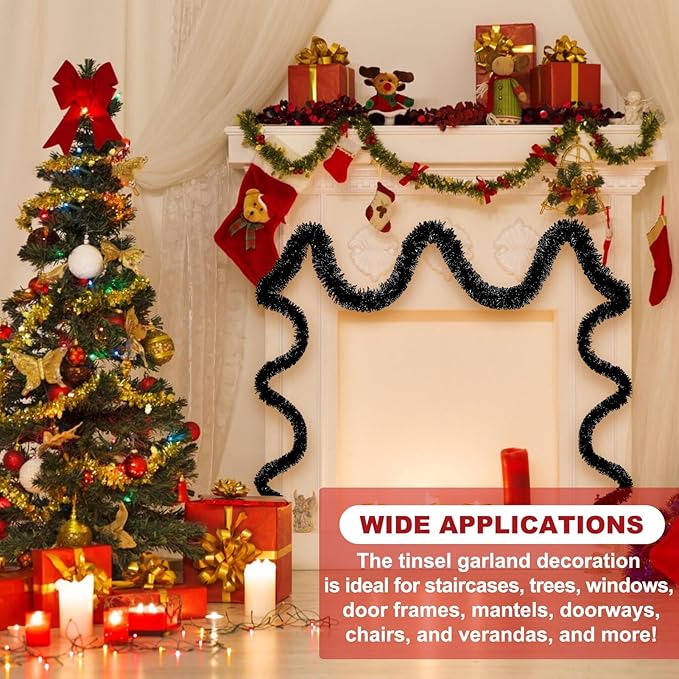 50 Feet Black Christmas Tinsel Garland, Metallic Foil Twist Banner Wall Hanging Tinsel Streamers Backdrop for Parade Floats, Christmas, Mother's Day, Birthday Party Decorations(2in x 50ft)