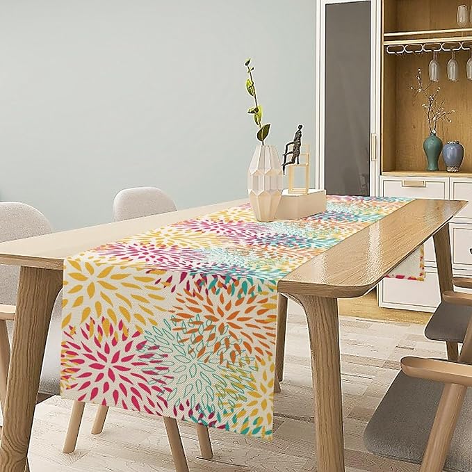 Abstract Flowers Table Runner, Chrysanthemum Dahlia Vintage Modern Colorful Spring Summer Elegant Table Runner for Party Kitchen Dining Living Room Laundry Room Decor, 13x36 Inch