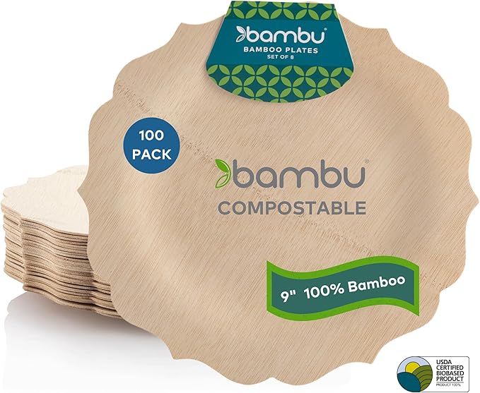 Disposable Bamboo Plates, 9-Inch Scalloped, 100 Count, Brown