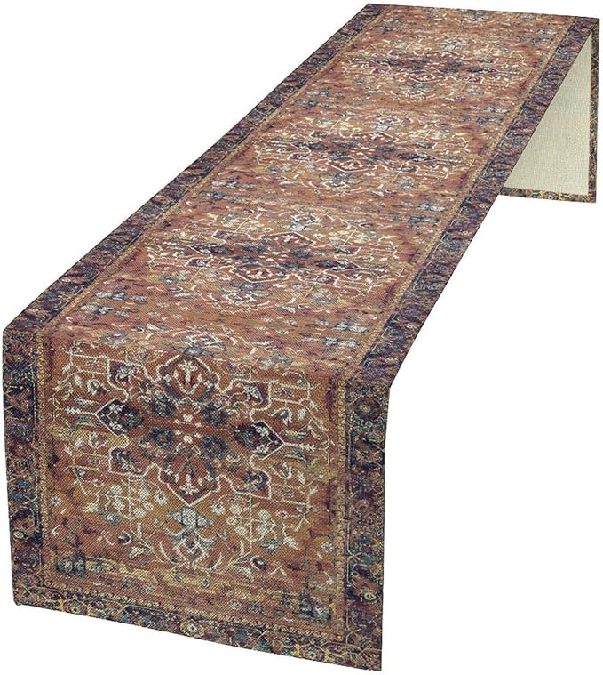 Boho Floral Vintage Table Runner, Purple Brown Retro Flower Rustic Country Farmhouse Abstract Pattern for Home Kitchen Table Decor Dining Coffee Room Party Decor 13x72in