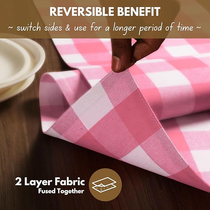 Native Fab Table Runner Buffalo Check Plaid 100% Cotton - 13x108 Inches Kitchen Dining Table Decoration for Indoor Outdoor Farmhouse Home Party Decor - Pink and White