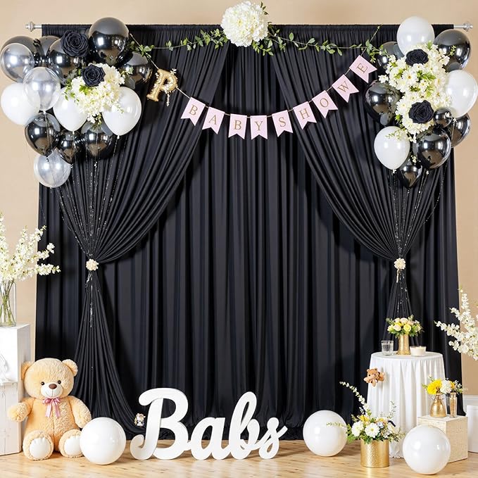 40ftx10ft Wrinkle Free Black Backdrop Curtain for Parties 8 Panels 5x10ft Silky Polyester Photo Backdrop Drapes Back Drop Cloth for Wedding Birthday Background Photography Photoshoot Decor
