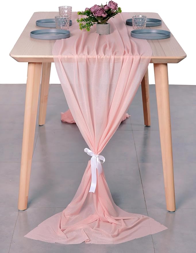 MDS 5 Pack 10ft Chiffon Table Runner 29 x 120 Inches Sheer Wedding Runner Romantic Rustic Table Runner for Wedding Decorations, Birthday Parties, Bridal Shower Party Arch Decor - Dusty Rose