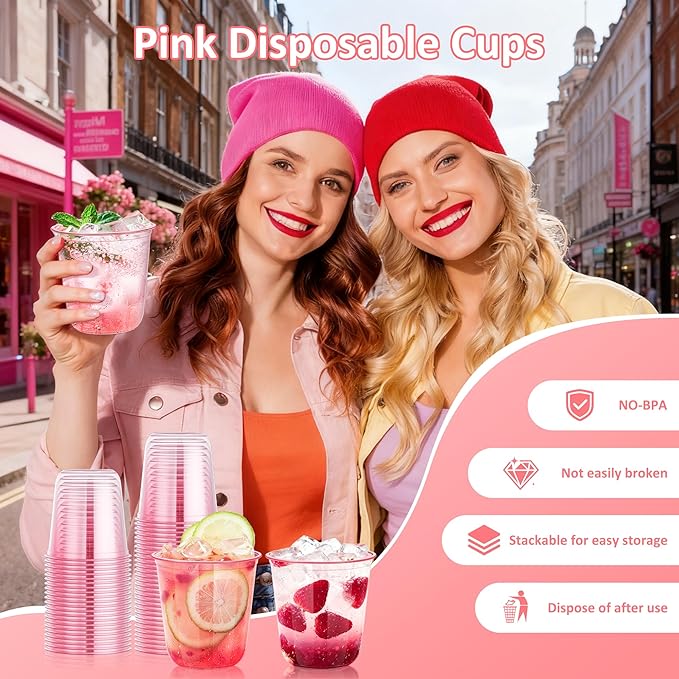 Cups 100 Count 12 oz Pink Disposable Plastic Wine Glasses