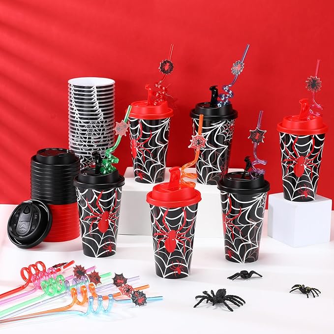 Yungyan 24 Sets Spider Party Favors Goodie Cups with Lids and Straws for Halloween Party Decorations Reusable 16oz Plastic Candy Cups Plastic Straws for Birthday Gift (Spider)