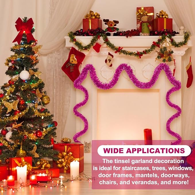 50 Feet Fuchsia Christmas Tinsel Garland, Metallic Foil Twist Banner Wall Hanging Tinsel Streamers Backdrop for Parade Floats, Christmas, Mother's Day, Birthday Party Decorations(2in x 50ft)