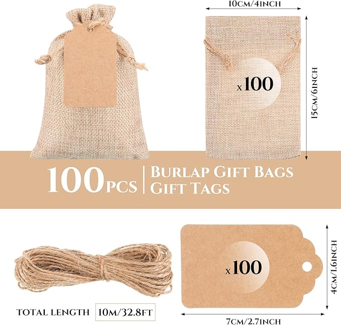 Burlap Gift Bags 100 Pack, Light Brown with Drawstring and Kraft Tags