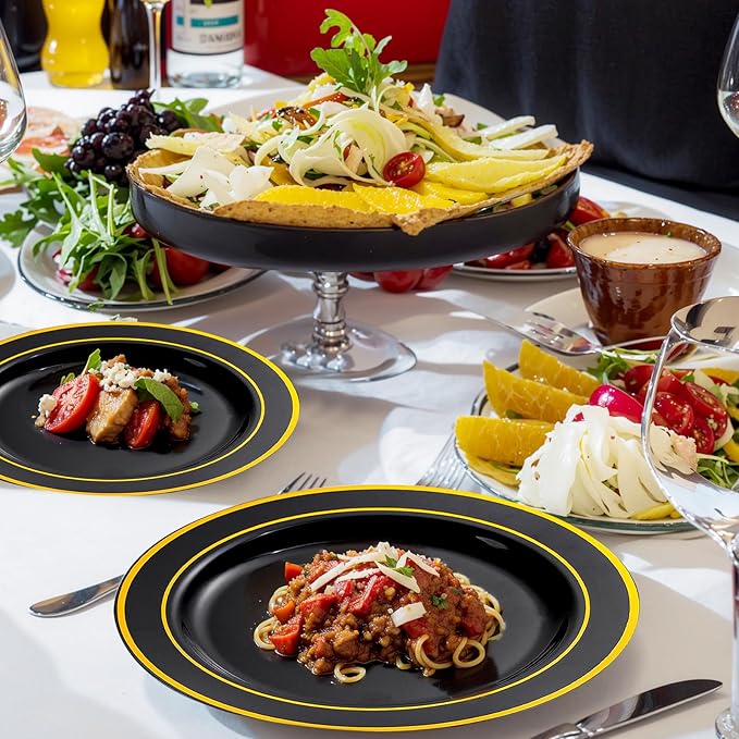 Plates for 25 Guests, Black Plastic with Gold Trim