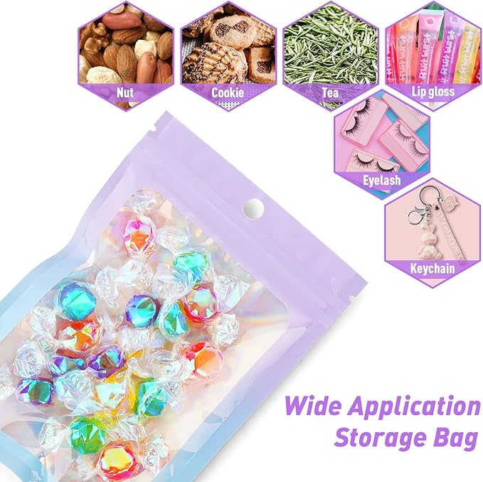 Funfery 100 Pack Mylar Holographic Bags,Clear Window Smell Proof Foil Bag Seal Pouch Resealable Bags with Zipper,Packaging Bag for Food Storage,Jewelry,Business Supplie(3.1×5.1in,Purple Blue)