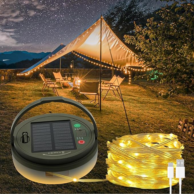 String Lights with 130 Warm White LEDs, Solar USB Rechargeable, 8 Modes