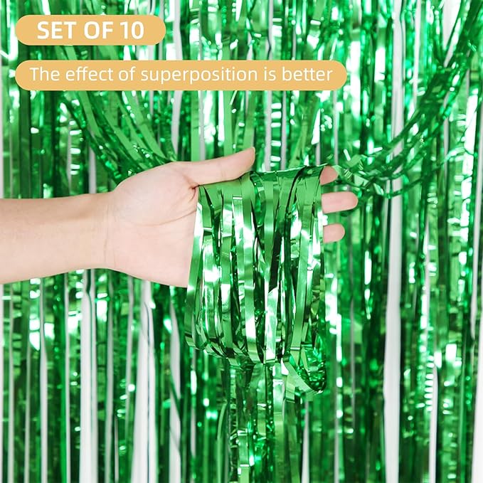 10 Pack Green Backdrop Curtain 3.2ft x 8.2ft Metallic Tinsel Foil Fringe Curtains Photo Booth Background for Birthday Party Decoration Baby Shower Engagement Wedding Christmas Decoration (Green)