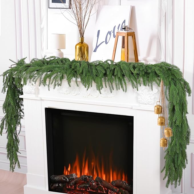 Hananona 2 Pcs 9 Ft Artificial Norfolk Pine Garlands, Real Touch Winter Pine Garland, Green Artificial Greenery Garland for Table, Mantle, Wall, Indoor, Outdoor Christmas Decorations (2, 9 Ft)