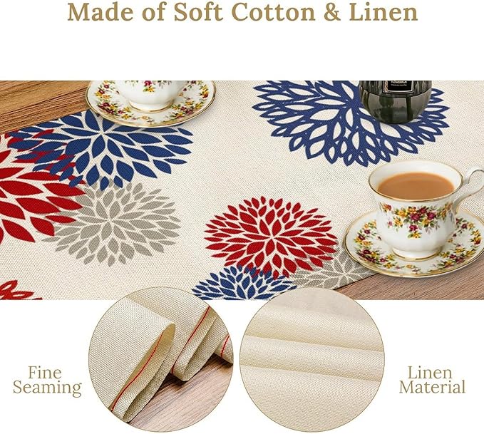 4th of July Table Runner, Blue Red Dahlia Flower American Patriotic Memorial Day Table Runner for Farmhouse Kitchen Dining Table Party Decor, 13x60inch