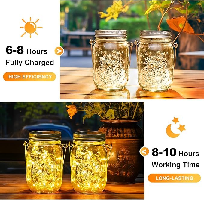 String Lights: Solar Mason Jar Lanterns, 8 Pack with 30 LEDs Each