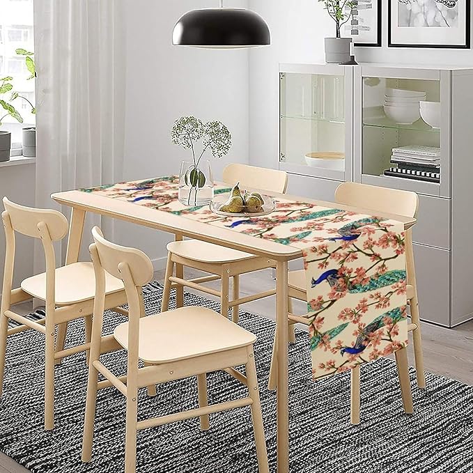 Peacock Table Runner,Spring Floral Peacock Birds Table Runner for Home Kitchen Dining Party Indoor Outdoor Decoration 13x70 Inch
