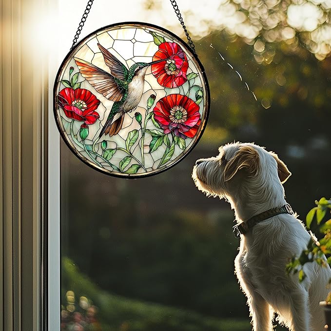 Stained Glass Window Hanging - Green Hummingbird Red Flower Suncatcher for Door Terrace Garden Home Decor Bird Landscape Sun Catcher Birthday Gifts for Lovers Women Men Dad Mom Nana 9.8 in