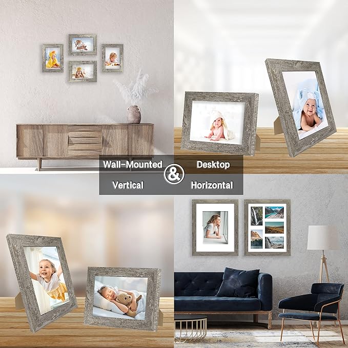 5x7 Picture Frame Set of 4, High Definition Glass Distressed Moss Green Frame, 5 x 7 Wood Photo Frames for Tabletop Display and Wall Mounting