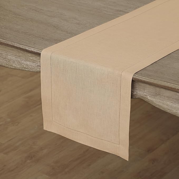 Solino Home Linen Beige Table Runner 90 Inches Long - 100% Pure Linen 14 x 90 Inch Table Runner for Fall, Autumn, Thanksgiving, Christmas - Classic Hemstitch
