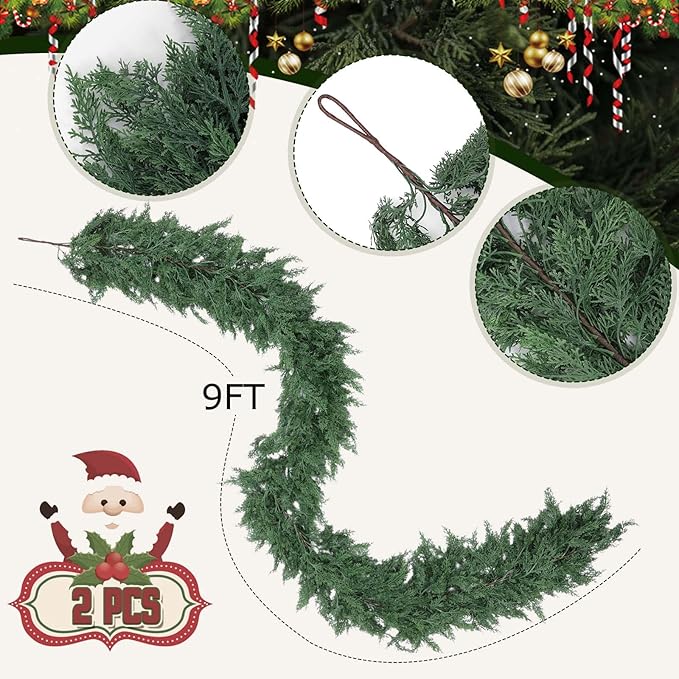 Garlands: Green Plastic Cedar, 9 Feet Long, Set of 2 Pieces