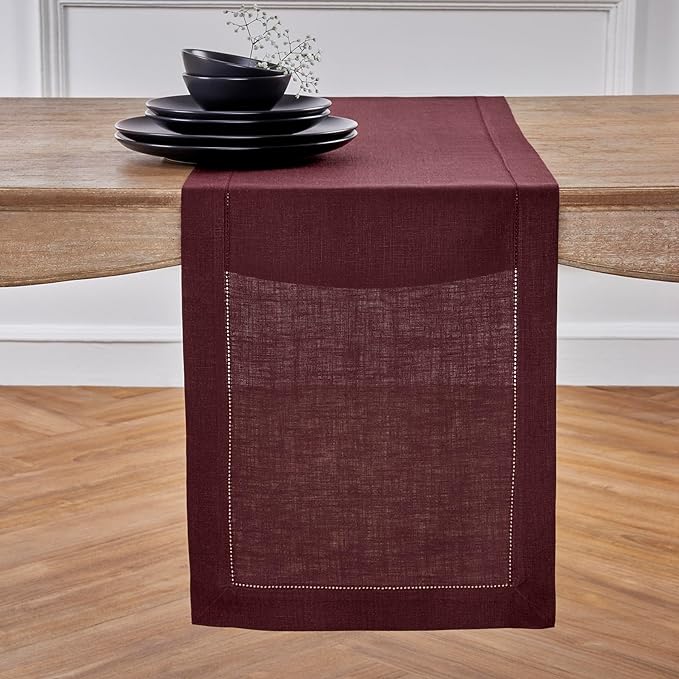Solino Home Linen Burgundy Table Runner 120 Inches Long - 100% Pure Linen 14 x 120 Inch Table Runner for Fall, Autumn, Thanksgiving, Christmas, Holiday - Classic Hemstitch