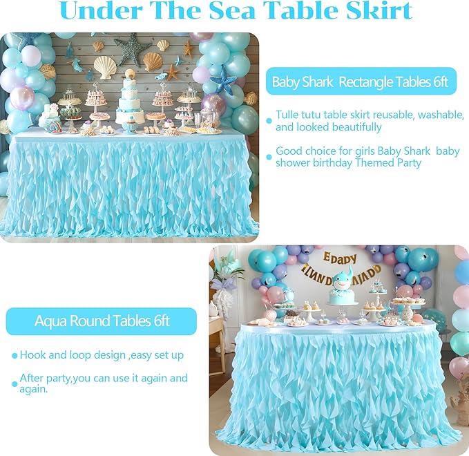 Partisky Aqua Blue Tulle Curly Willow Table Skirt for Rectangle Table 6ft, Ruffle Tutu Table Cloth for Boys Baby Shower,Birthday Party Candy Cake Tables