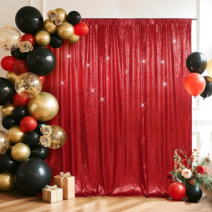 SquarePie Sequin Backdrop Less Transparent Background Sparkly Curtain for Wedding Christmas Party 6FT x 6FT Red