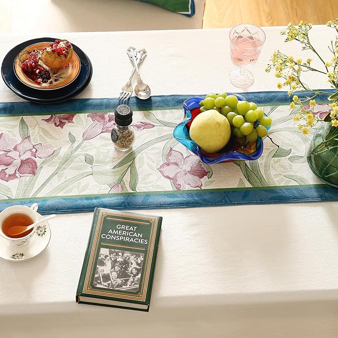 patdrea Designer Elegant Bright Linen Table Runner 87 Inch Long, Mauve Iris Floral Pattern Table Mat, Decoration for Kitchen Dining Table Coffee Table Shelf Cabinet Banquet Christmas ,12"*87"