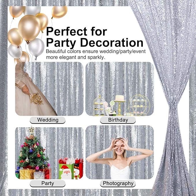 Sequin Backdrop Curtain, 10 x 10 Ft Silver Glitter Photo Backdrop