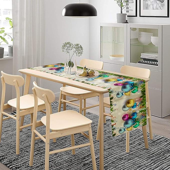 Christmas Table Runner,Colorful Balls Xmas Tree Snowflake Pattern Print Tablecloth Burlap for Hotel Indoors Outdoor Dining Room Kitchen Home Decor,W13X L60 in