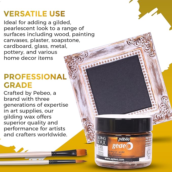 Pebeo Gilding Wax 30ml – King Gold Gilding Wax for Crafting, Antiquing Wax For Crafts and Professional Finishing – Gilding Wax for Wood, Metal, Glass, and More Bundled with Moshify Application Brushes