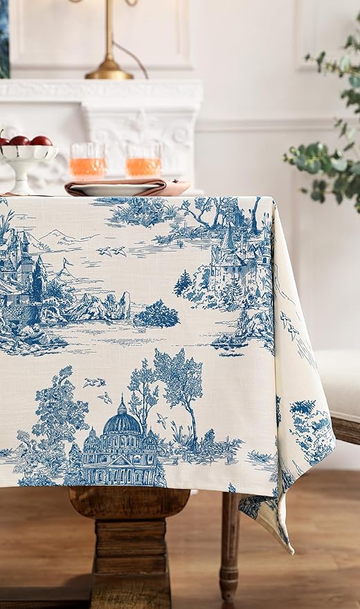 patdrea Designer Vintage Cyan Long Tablecloth for Rectangle Table,Linen Ancient Castle and Manor Pattern Tablecloths,Table Cover Decor for Kitchen Dining Christmas,Thanksgiving,63"x102"-Lucerne a