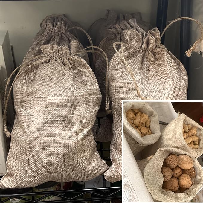 Gift Bags, 8 x 12 Inch Light Brown Linen Drawstring Bags, Pack of 30
