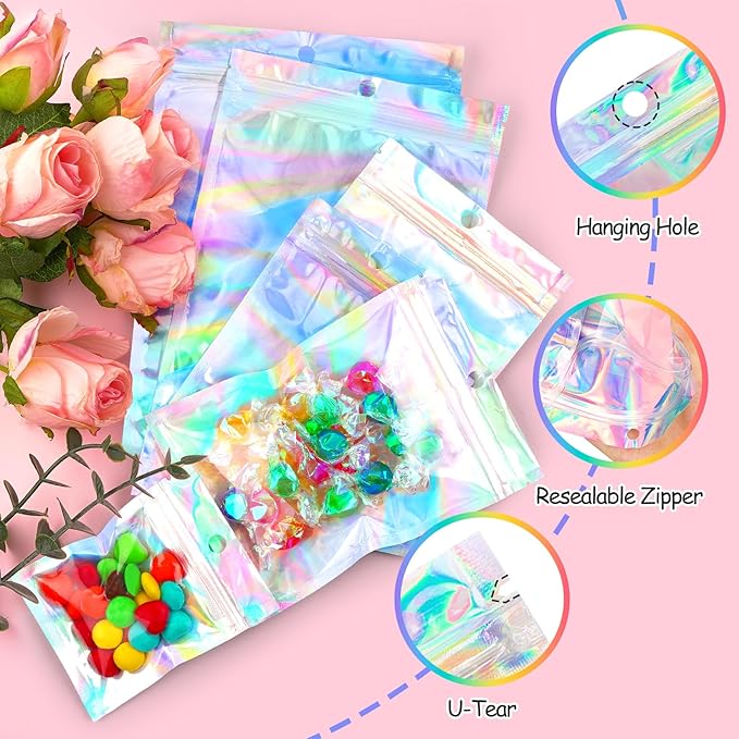 Funfery 100 Pack Smell Proof Holographic Bags Clear Resealable Bags,Mylar Foil Bag with Zipper,Sealing Pouch Packaging Bag for Food Storage,Candy,Party Favor Sample Business Supplies(4.7x7in)