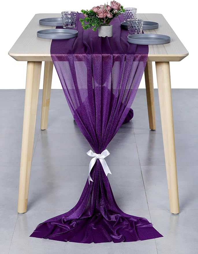 MDS 2 Pack 14ft Chiffon Table Runner 29 x 170 Inches Sheer Wedding Runner Romantic Rustic Table Runner for Wedding Decorations, Birthday Parties, Bridal Shower Party Arch Decor - Cadbury Purple