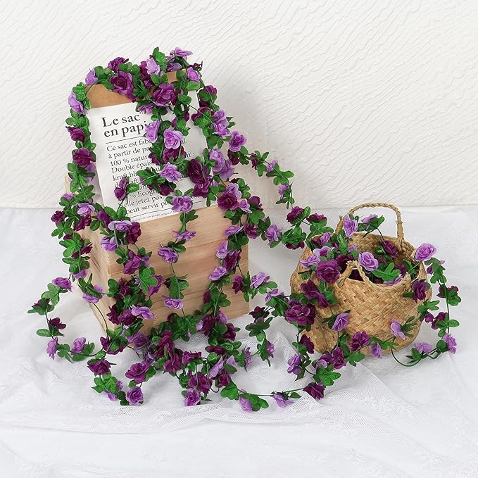 KHOYIME 9 Pack 72 FT Artificial Flower Garland, Fake Purple Roses Vines Silk Flowers Faux Plastic Outdoor Hanging Floral Ivy Garland Decoration for Wedding Arch Bedroom Home Wall Backdrop Room Decor
