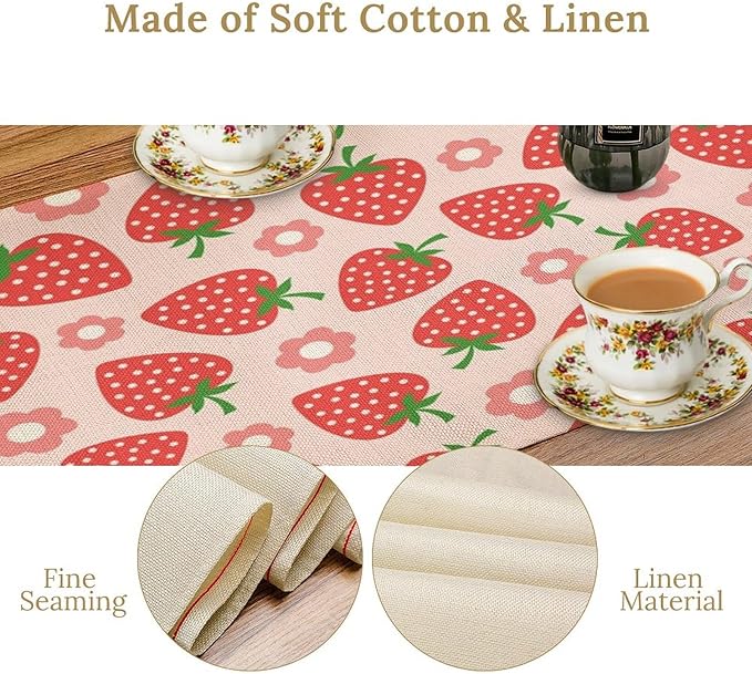 Strawberry Table Runner Spring Summer Fruit Pink Berry Forest Garden Dinner Runner for Girl Baby Shower Party Holiday Home Kitchen Dining Table Decor 13x70