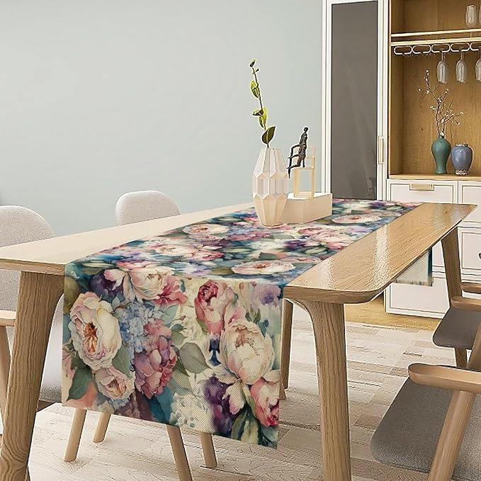 Vintage Floral Table Runner,Girls Women Rose Romantic Leaf Botanical Watercolor Pattern Print Burlap for Hotel Indoors Outdoor Dining Room Kitchen Holiday Party, 13x60in