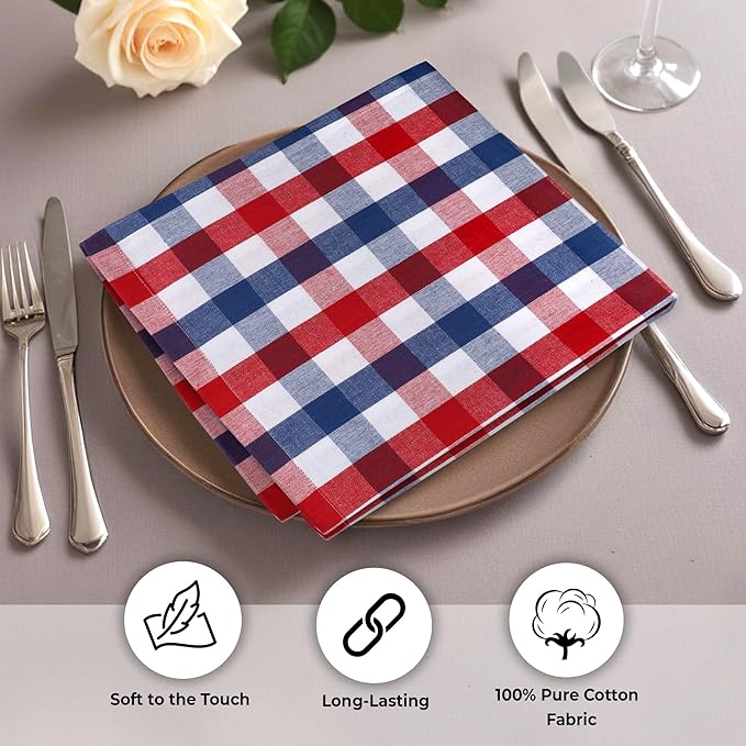 Cloth Napkins Checkered Red White Blue 100% Cotton 20x20 Inch