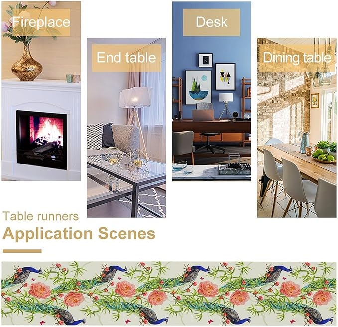 Peacock Table Runner,Seasonal Flower Plants Peacock Birds Table Runner for Home Kitchen Dining Party Indoor Outdoor Decoration 13x90 Inch
